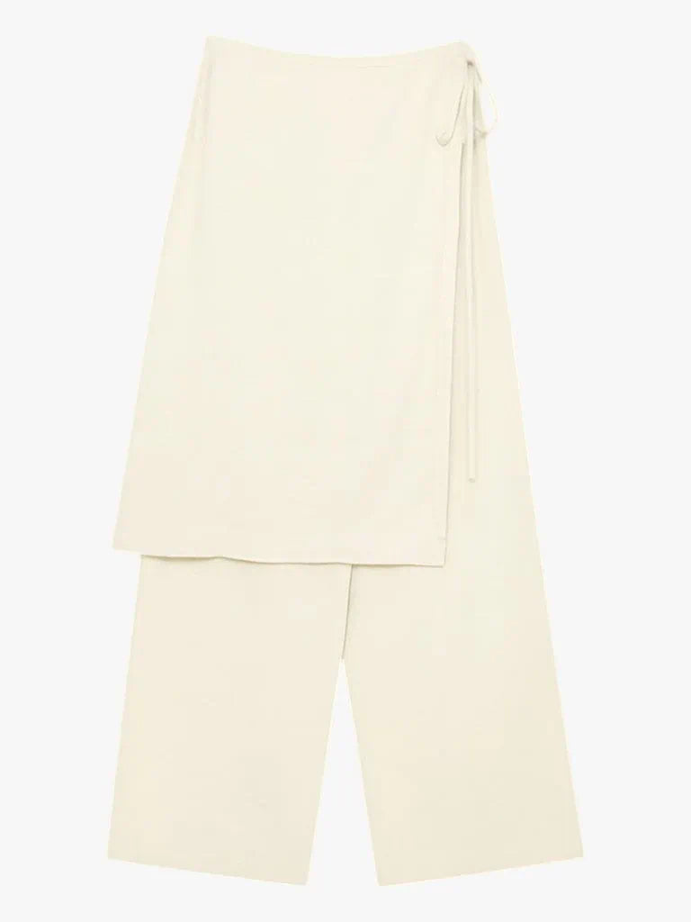 “Osaka” layered wrap pants with side tie detail, minimalist Japandi-inspired design, wide-leg silhouette, product by Sumoka Studio.
