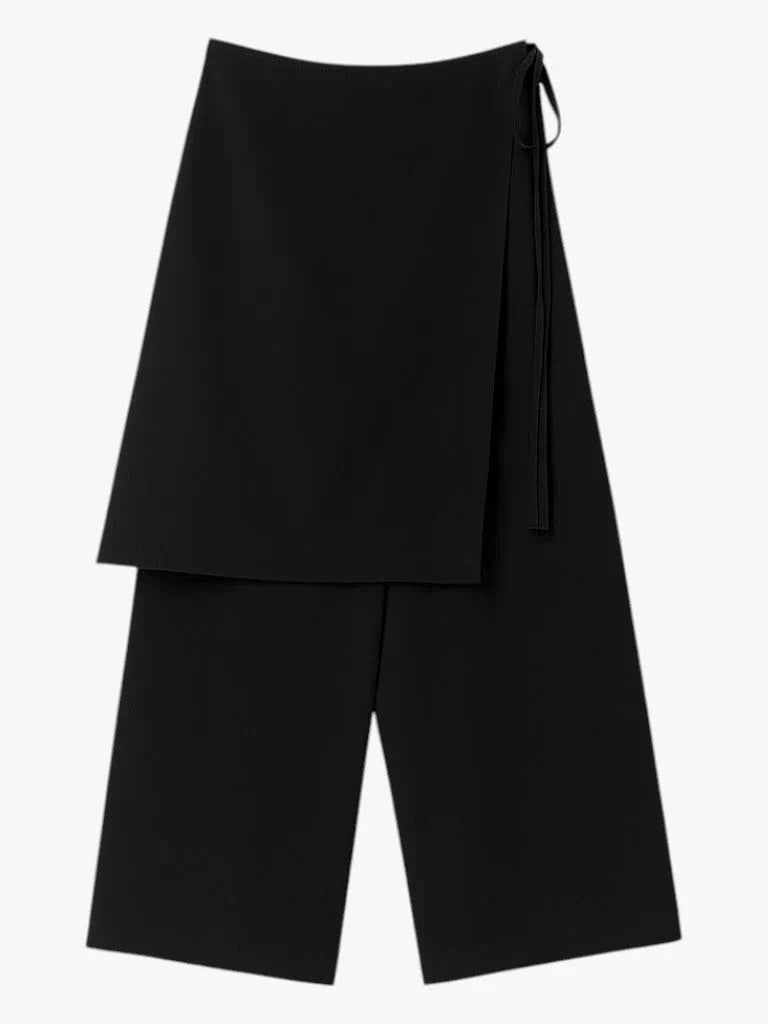 “Osaka” layered wrap pants with side tie detail, minimalist Japandi-inspired design, wide-leg silhouette, product by Sumoka Studio.