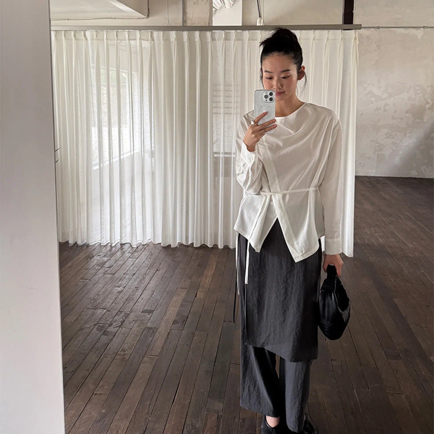 “Osaka” layered wrap pants with side tie detail, minimalist Japandi-inspired design, wide-leg silhouette, product by Sumoka Studio.