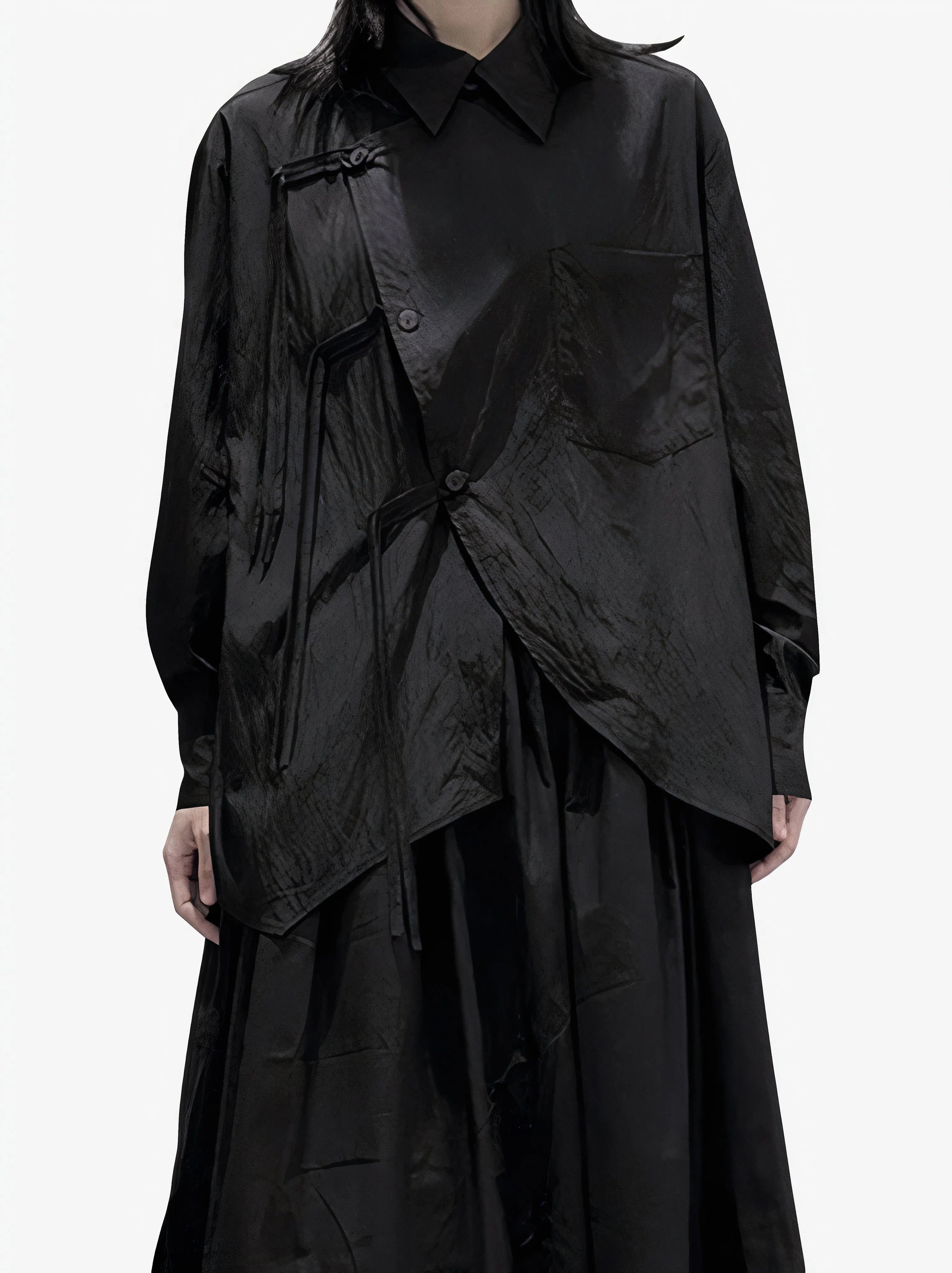 “Hikari” white asymmetric wrap shirt with side ties, minimalist Japandi-inspired design, loose fit, product by Sumoka Studio.