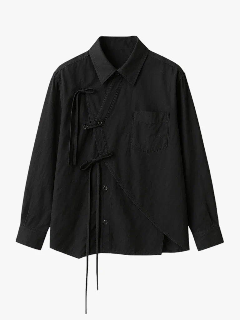 “Hikari” white asymmetric wrap shirt with side ties, minimalist Japandi-inspired design, loose fit, product by Sumoka Studio.