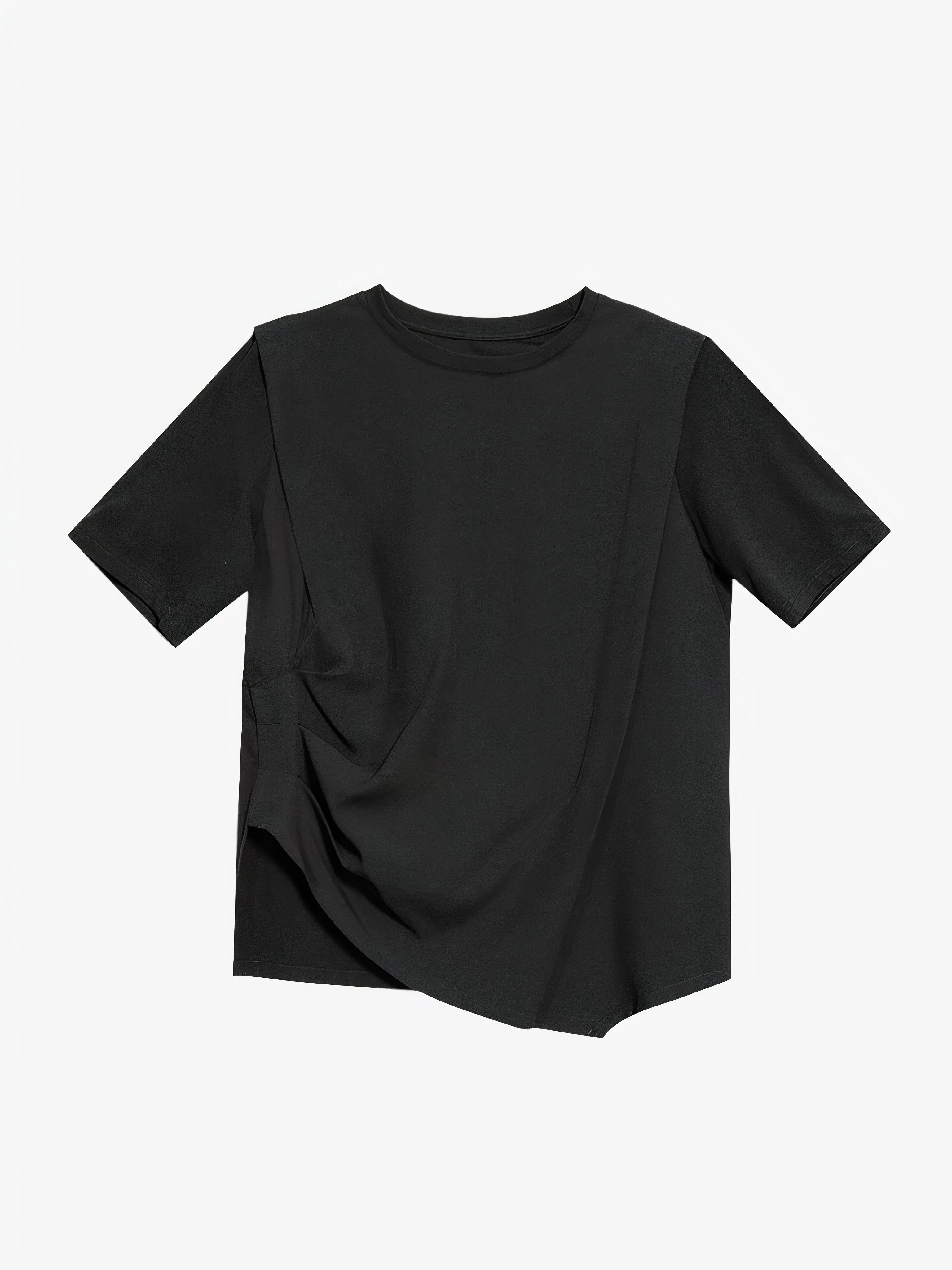Black minimalist Japandi-style top worn by a woman, asymmetrical design and oversized fit, product by Sumoka Studio.
