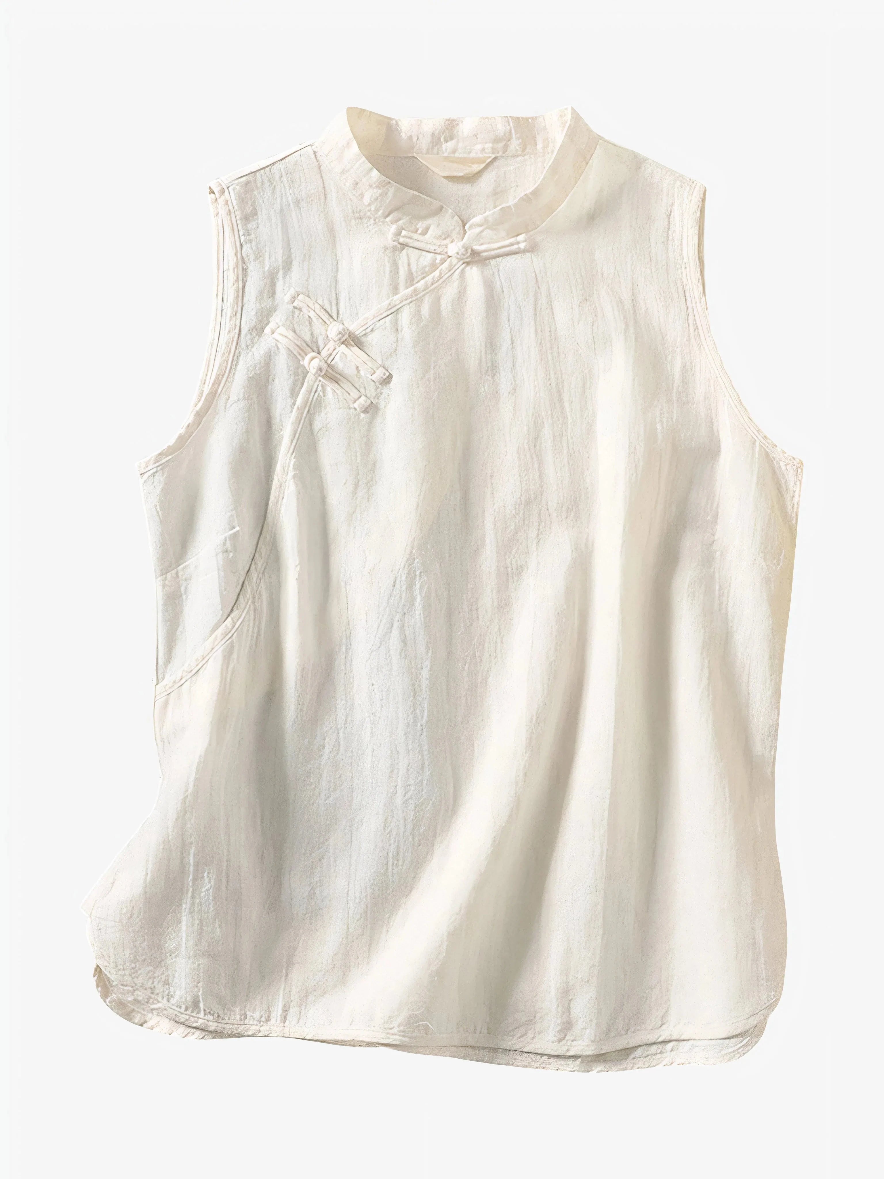 Top Sora minimalist Japandi-style top worn by a woman, asymmetrical design, product by Sumoka Studio.