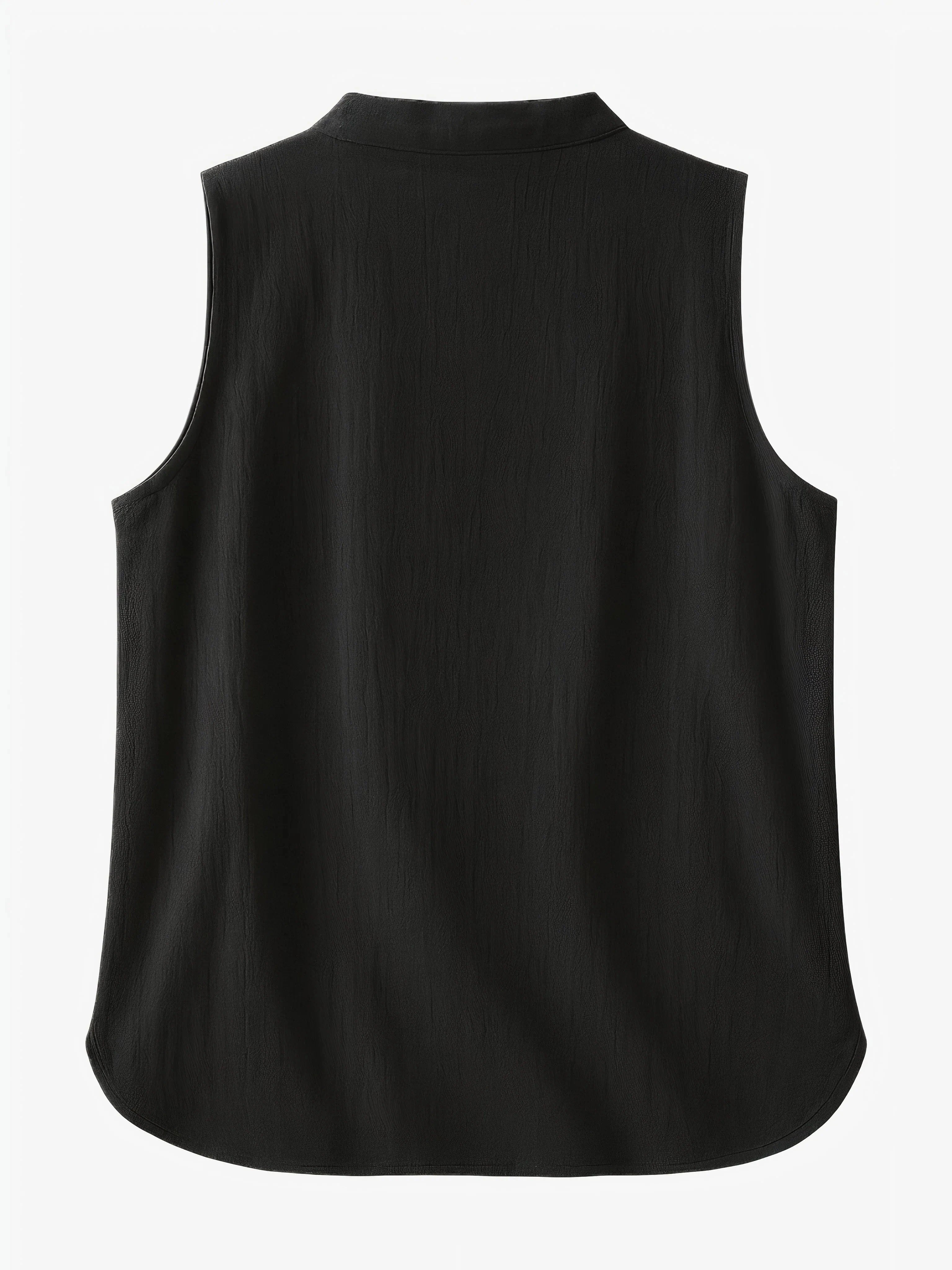 Top Sora minimalist Japandi-style top worn by a woman, asymmetrical design, product by Sumoka Studio.